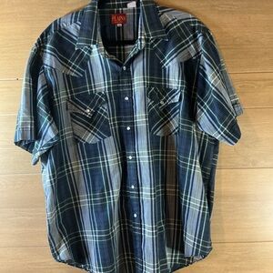 Ely Plains Men’s XL Navy and Green Plaid Western Shirt w/ Pearl Snap Buttons